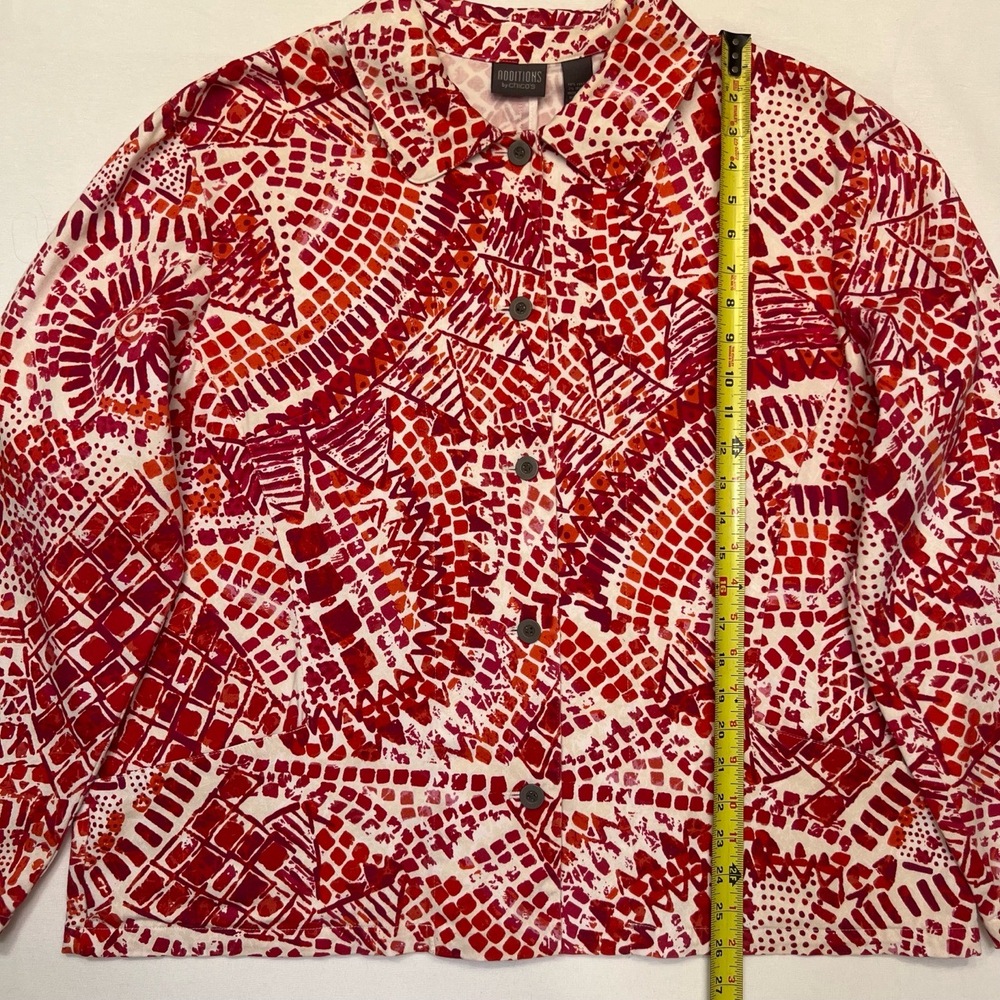 Chico’s Patterned Red And White Print Button Fron… - image 5